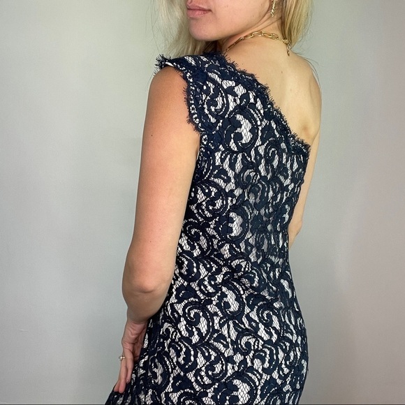 Tadashi Shoji Blue & White Lace One Shoulder Dress Size 10 - Picture 4 of 13